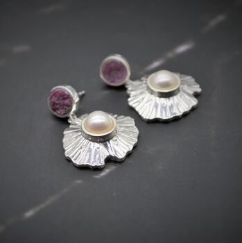 Raw Red Ruby, Pearl Sterling Silver Earrings, 3 of 7