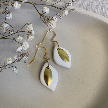 White Ceramic Leaf Earrings Gold Plated, 7 of 7