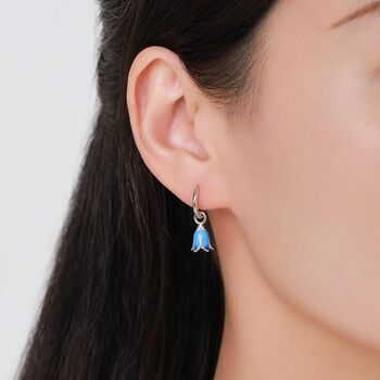 Sterling Silver Enamel Bluebell Flower Huggie Hoop Earrings, 4 of 10