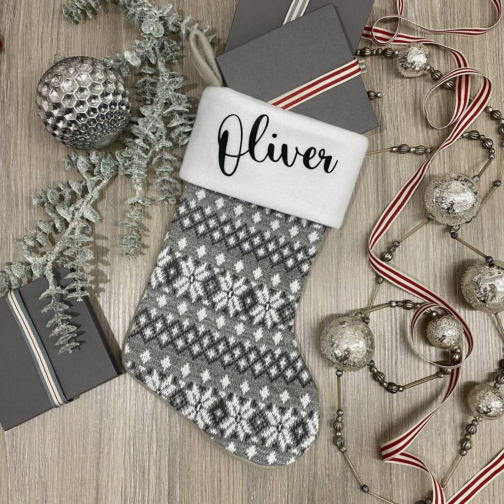 Personalised Grey Fairisle Christmas Stocking, 1 of 11