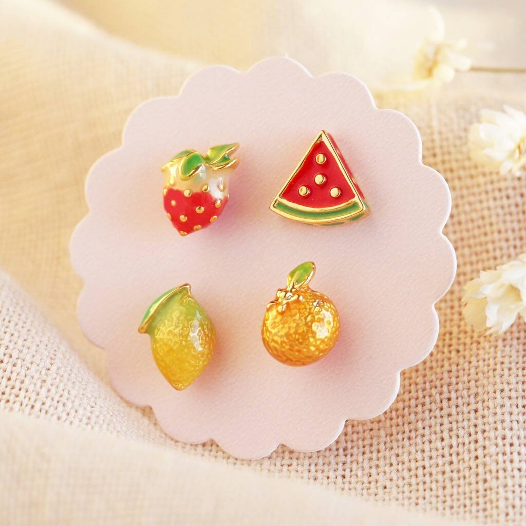 Set Of Four Fruit Stud Earrings In Gold Plating By Lisa Angel