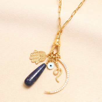 Semi Precious Celestial Moon Charm Necklace In Gold Plating, 2 of 4