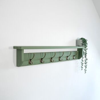 Green Coat Rack With Shelf, Shelf 10cm Deep, Shelf With Hooks, Black, Silver, Bronze, Copper, Chrome, Brass Hooks, Painted In F And B No.34, 7 of 8