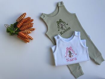 Easter Bunny Personalised Baby Dungarees Romper | Newborn Gift Design #E1, 2 of 7