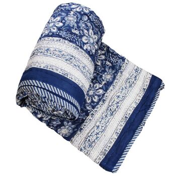 Indigo Blue And White Floral Indian Block Printed Cotton Bed Quilt, 9 of 9