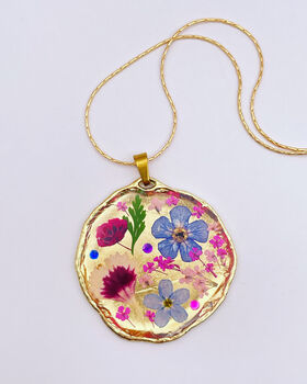 Pressed Flowers Round Gold Necklace Medium Hand Made, 2 of 11