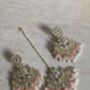 Pink Gold Plated Kundan Pearl Earrings And Tikka Set, thumbnail 3 of 4