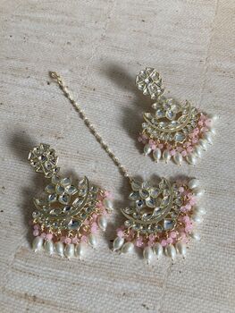 Pink Gold Plated Kundan Pearl Earrings And Tikka Set, 3 of 4