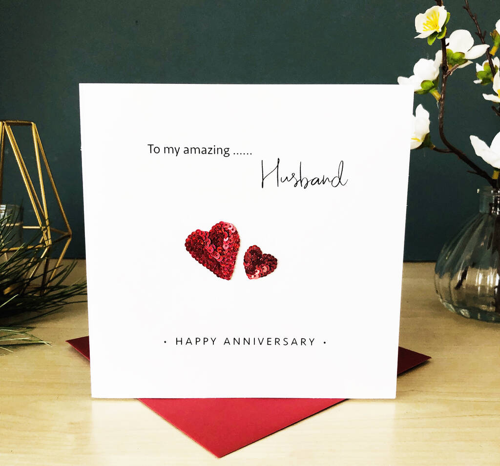 Embroidered Hearts Wedding Anniversary Card For Husband
