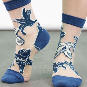 Sheer Pop Socks Ankle Highs Lily Floral Navy Blue, 2 of 3