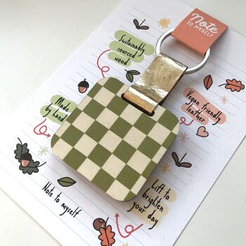 Personalised Olive Checkered Print Wooden Keyring, 5 of 6