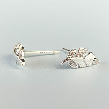 Sterling Silver Sparkly Feather Stud Earrings, 5 of 9