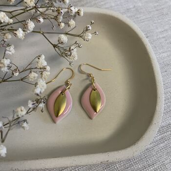 Pink Ceramic Leaf Earrings Gold Plated, 3 of 7