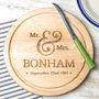 Personalised Mr And Mrs Wedding Date Round Bread Board, thumbnail 4 of 5