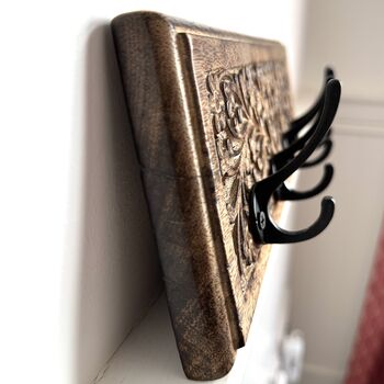 Entryway Wall Hooks Wrought Iron On Carved Mangowood, 4 of 6