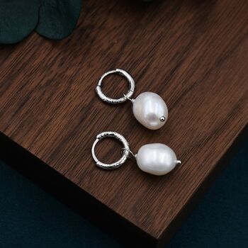 Baroque Pearl With Skinny Hammered Hoop Earrings, 9 of 12