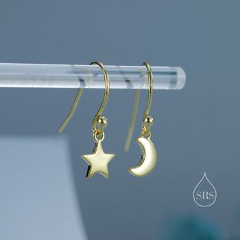 Asymmetric Moon And Star Dangle Drop Hook Earrings In Sterling Silver, 2 of 12