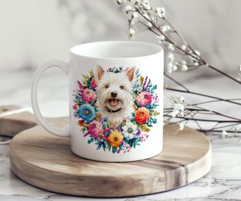 Personalised West Highland Terrier Summer Floral Dog Wreath Cushion And Mug Bundle, 2 of 4