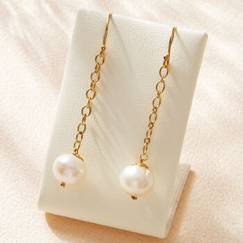 White Pearl Gold Plated Silver Chain Earrings, 3 of 5