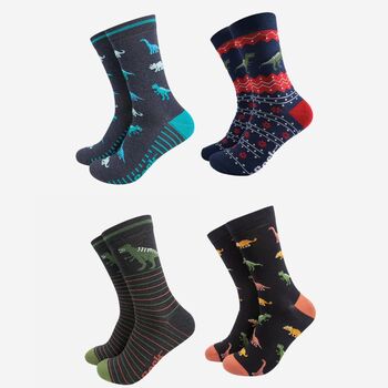 Dinosaur Bamboo Socks Christmas Gift Set Men's Four Pack, 2 of 3