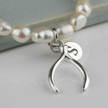 Personalised Freshwater Pearl Lucky Wishbone Bracelet, 2 of 7