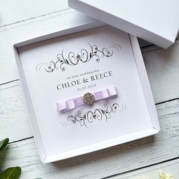 Handmade And Personalised Wedding Card With Crystal Embelishment Any Colour Ribbon, 10 of 12