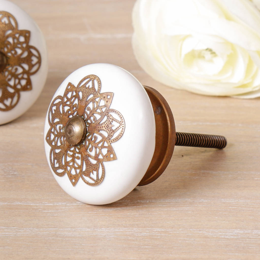 Single Ceramic Antique Brass Floral Drawer Pull By Dibor   Original Ceramic Drawer Pull With Antique Brass Floral Detail 