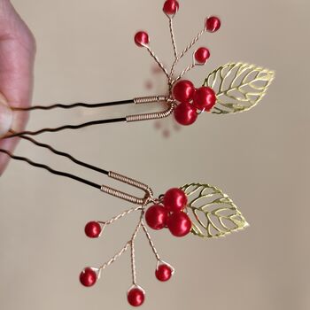 Red Berry And Gold Leaf Christmas Hair Pin Set – 3pcs, 2 of 12
