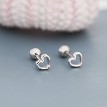 Sterling Silver Tiny Open Heart Screw Back Earrings, 2 of 12