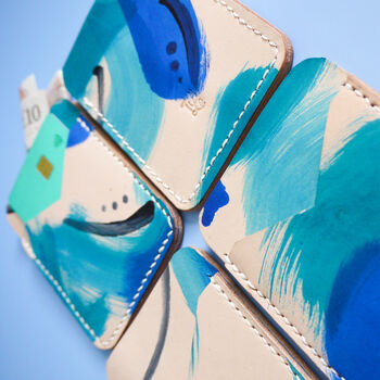 Blue Leather Pocket Wallet, Hand Painted, 4 of 11