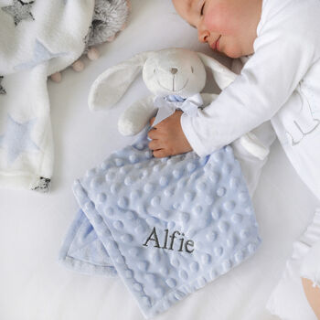 Personalised Blue Bobble Bunny Baby Comforter, 7 of 8