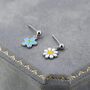 Mismatched Enamel Daisy And Forget Me Not Flower Drop Stud Earrings In Sterling Silver, thumbnail 2 of 11