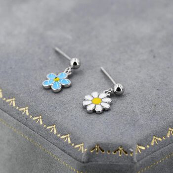 Mismatched Enamel Daisy And Forget Me Not Flower Drop Stud Earrings In Sterling Silver, 2 of 11