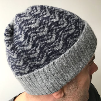 Mens Grey And Navy Knitted Lambswool Beanie Hat, 4 of 6
