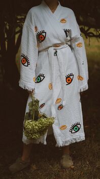 Long Organic Cotton Robe: White With Multi Coloured Mini Eye, 3 of 7