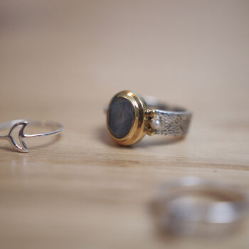 Brass And Sterling Silver Labradorite And Pearl Ring, 3 of 7
