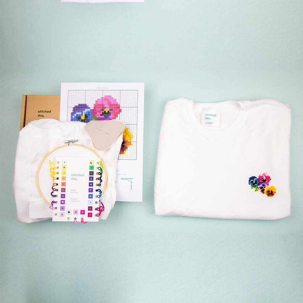 Party Pansies T Shirt Cross Stitch Kit By stitched this ...