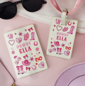 Personalised Leather Cowgirl Passport Holder And Luggage Tag, 3 of 4