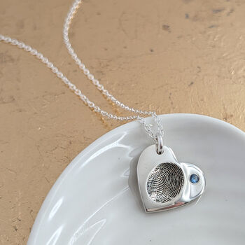 Silver Fingerprint Impression Heart Pendant With Birthstone, 3 of 7