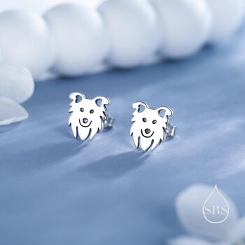 Sterling Silver Tiny Minimalist Border Collie Dog Stud Earrings, 2 of 12