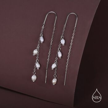 Sterling Silver Genuine Fresh Water Pearl Cascade U Shape Threader Earrings, 2 of 10