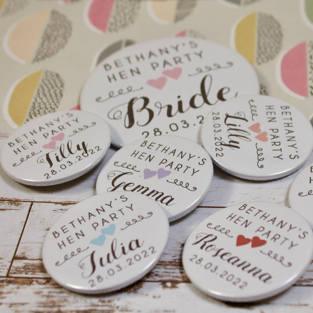 Personalised Hen Party Hearts Badge By Bedcrumb