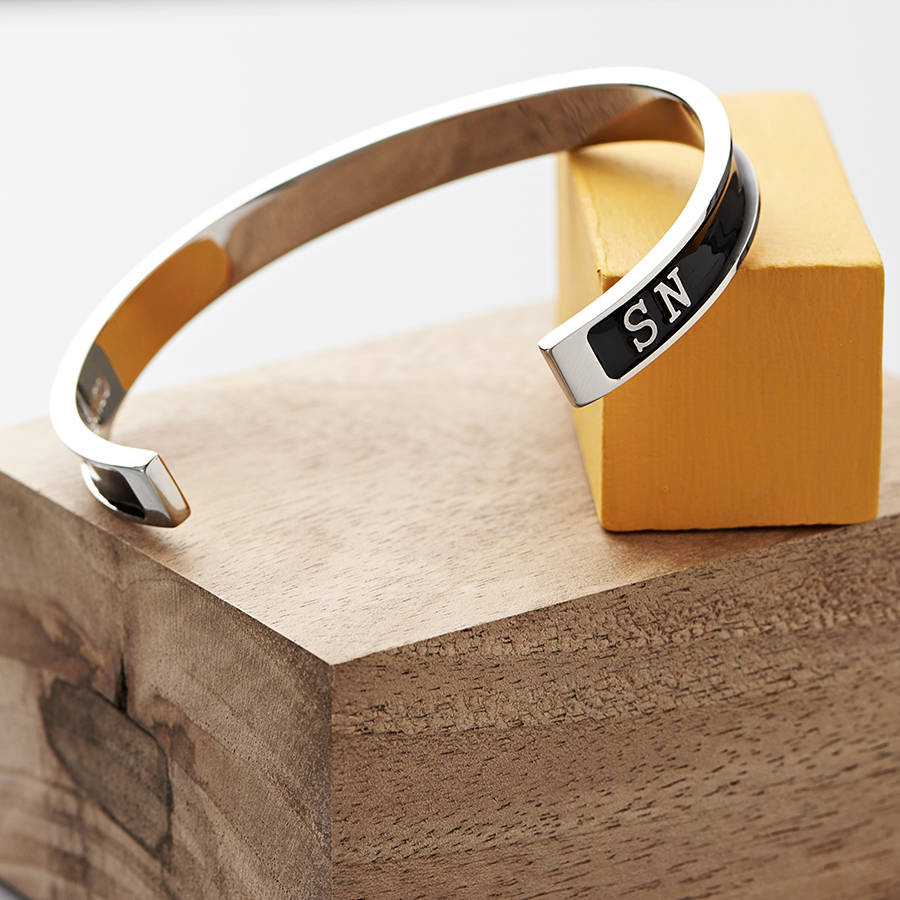 silver personalised men's adjustable cuff black by whistle + bango