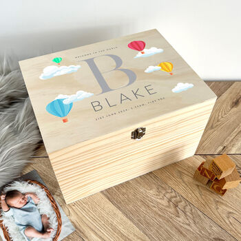 Personalised Hot Air Balloon New Baby Keepsake Box, 4 of 12