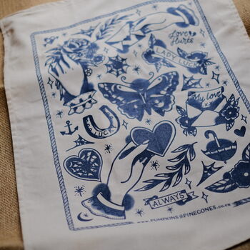Traditional Tattoo Navy Blue Screen Printed Tea Towel, 7 of 7