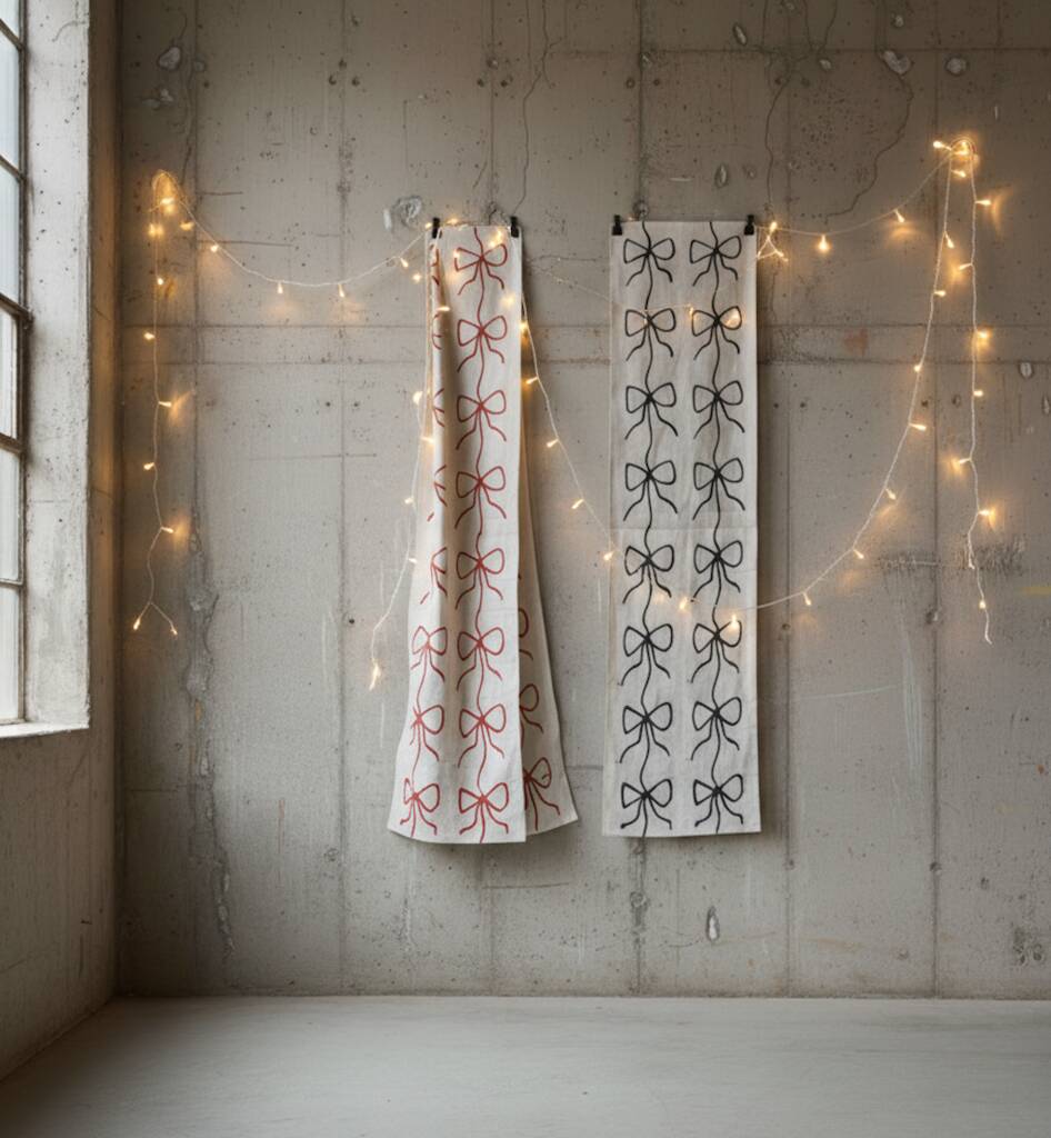 Hand Painted Bow Print Sustainable Linen Table Runner, 1 of 4