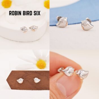 Sterling Silver Robin Bird Stud Earrings Six Styles, 4 of 12