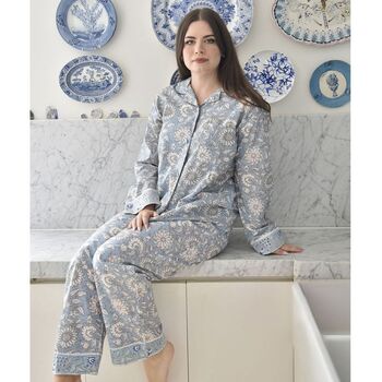 Block Printed Blue Cornflower Cotton Pyjamas, 2 of 7