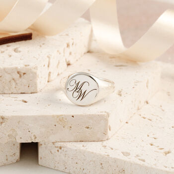 Script Initials Round Silver Signet Ring, 7 of 9