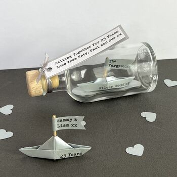 Personalised Silver Paper Ship In A Bottle – Silver Wedding Anniversary Gift, 2 of 9